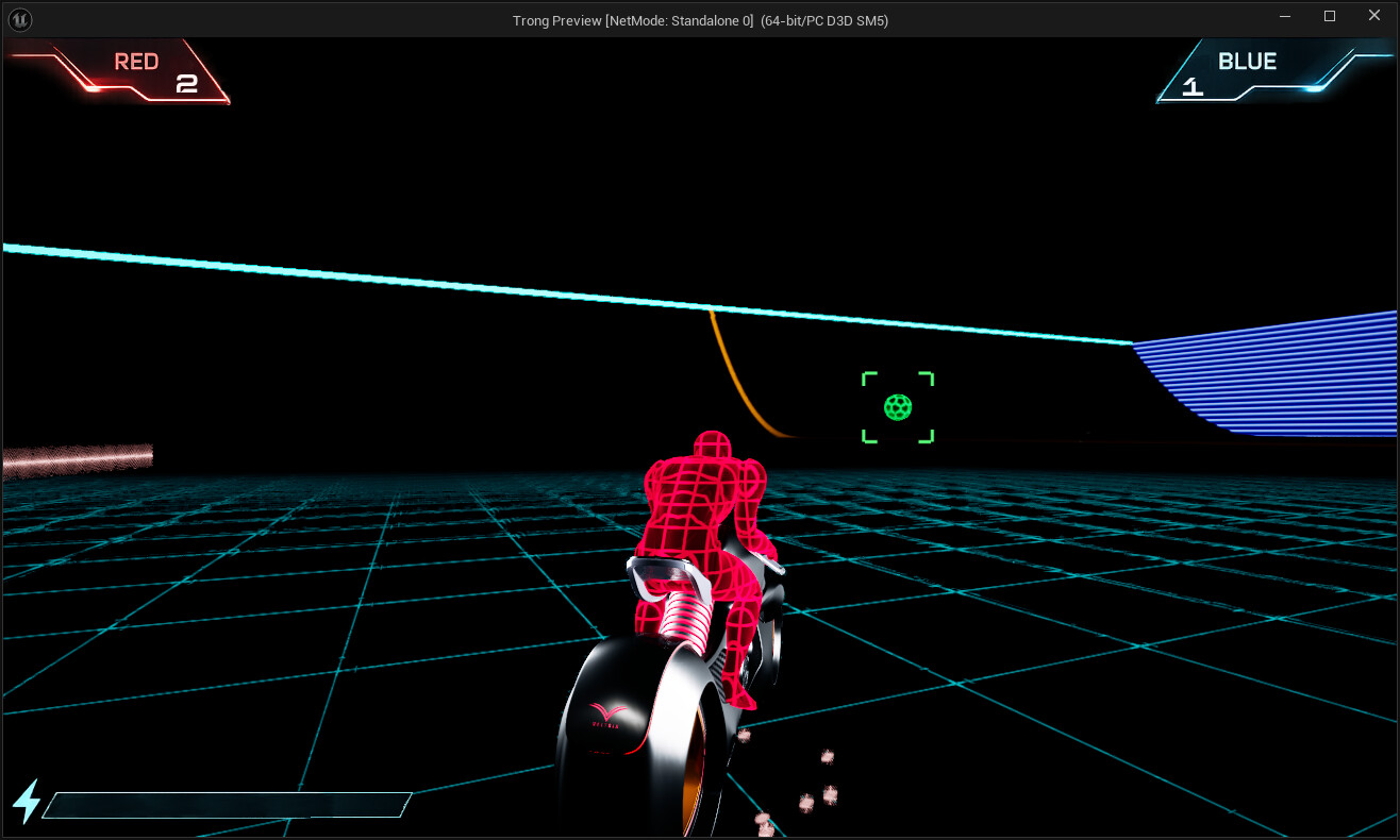 The glowing green ball framed by a targeting reticle, hovering over the cyan grid floor.