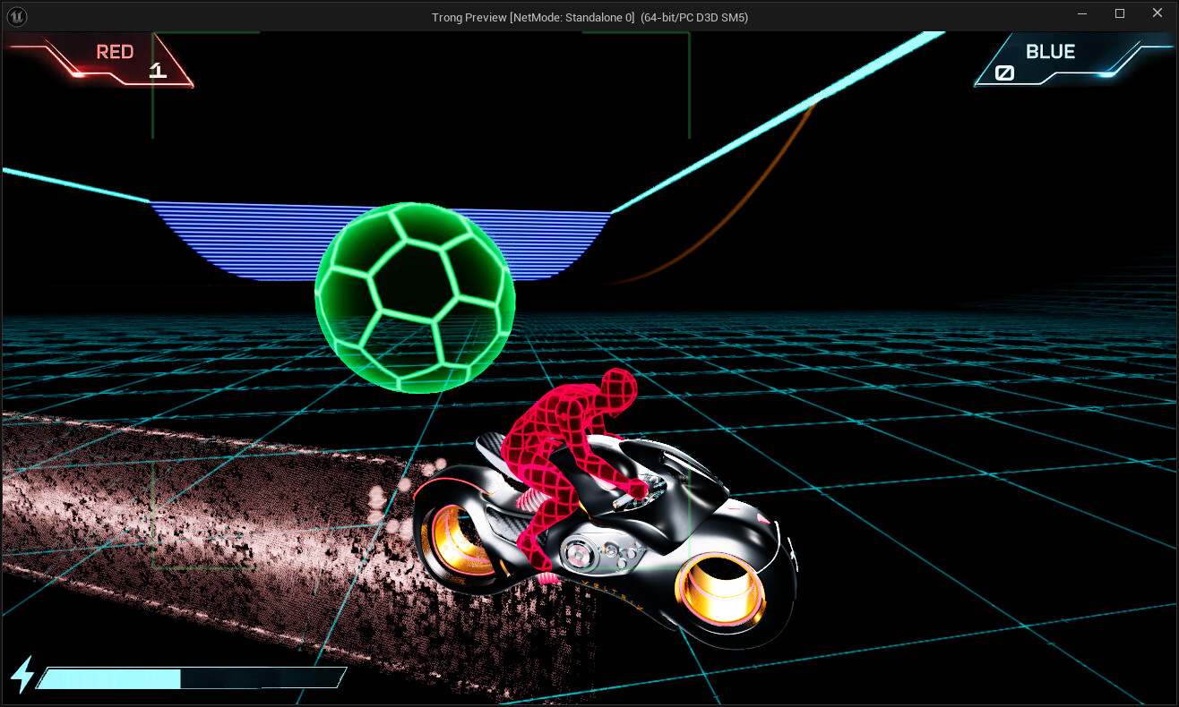 A hover-bike facing down the neon grid arena, blue goal wall ahead and the green ball-tracker locked on.