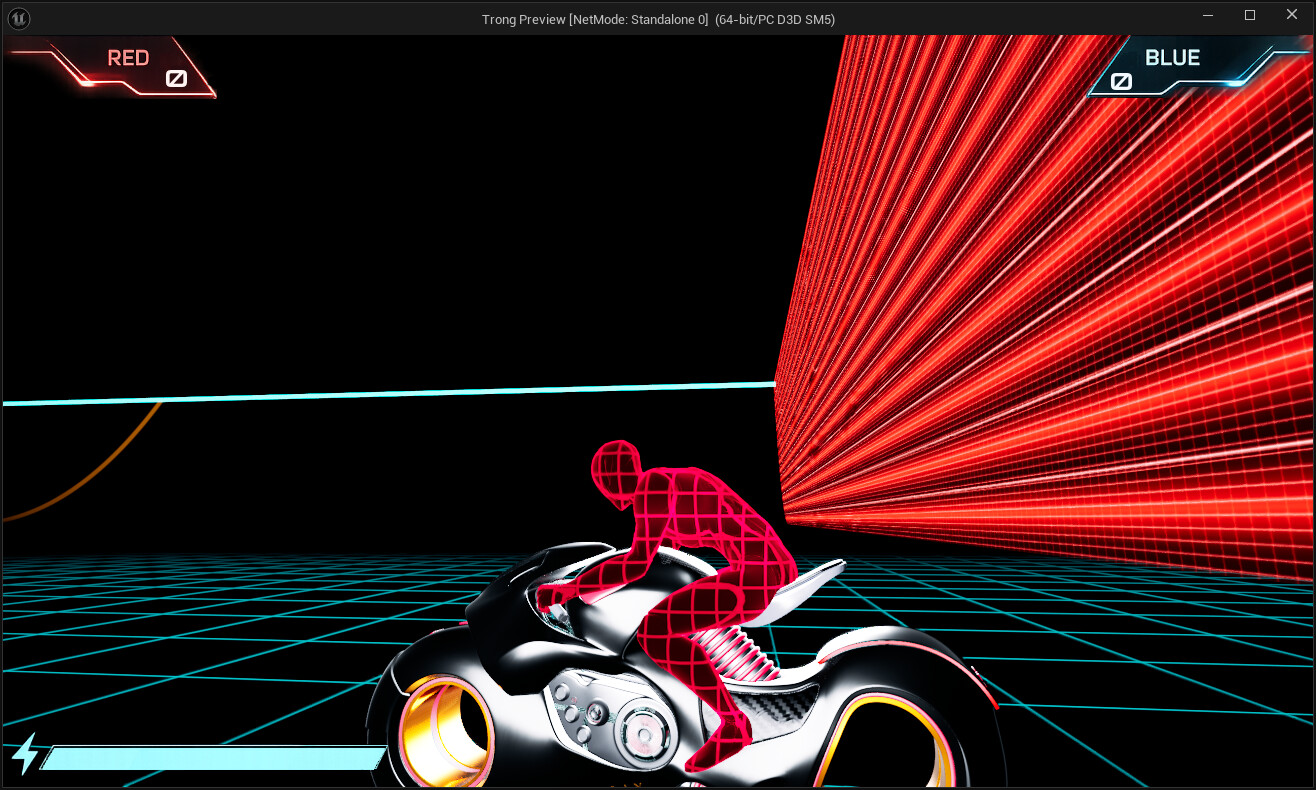 A glowing red light-wall towering over the cyan perspective grid.
